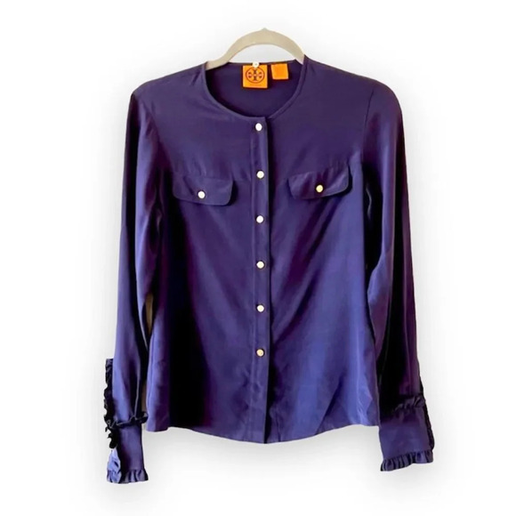 Tory Burch Silk Long Sleeve Top Women’s Size 2 Quiet Luxury Mob Wife Ruffles EUC - Picture 1 of 7